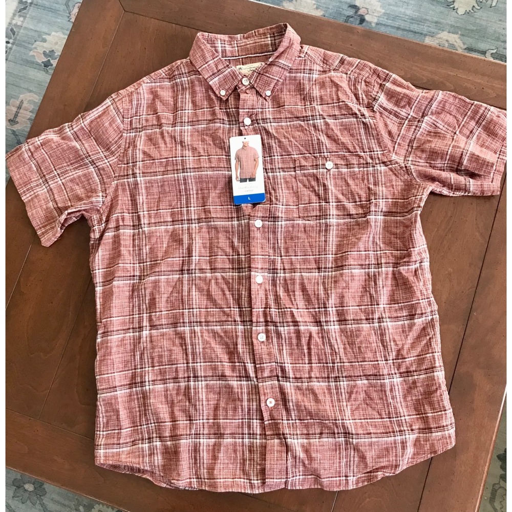 NWT Waterproof Vintage washable Linen‎ Shirt Mens L Plaid Short Sleeve